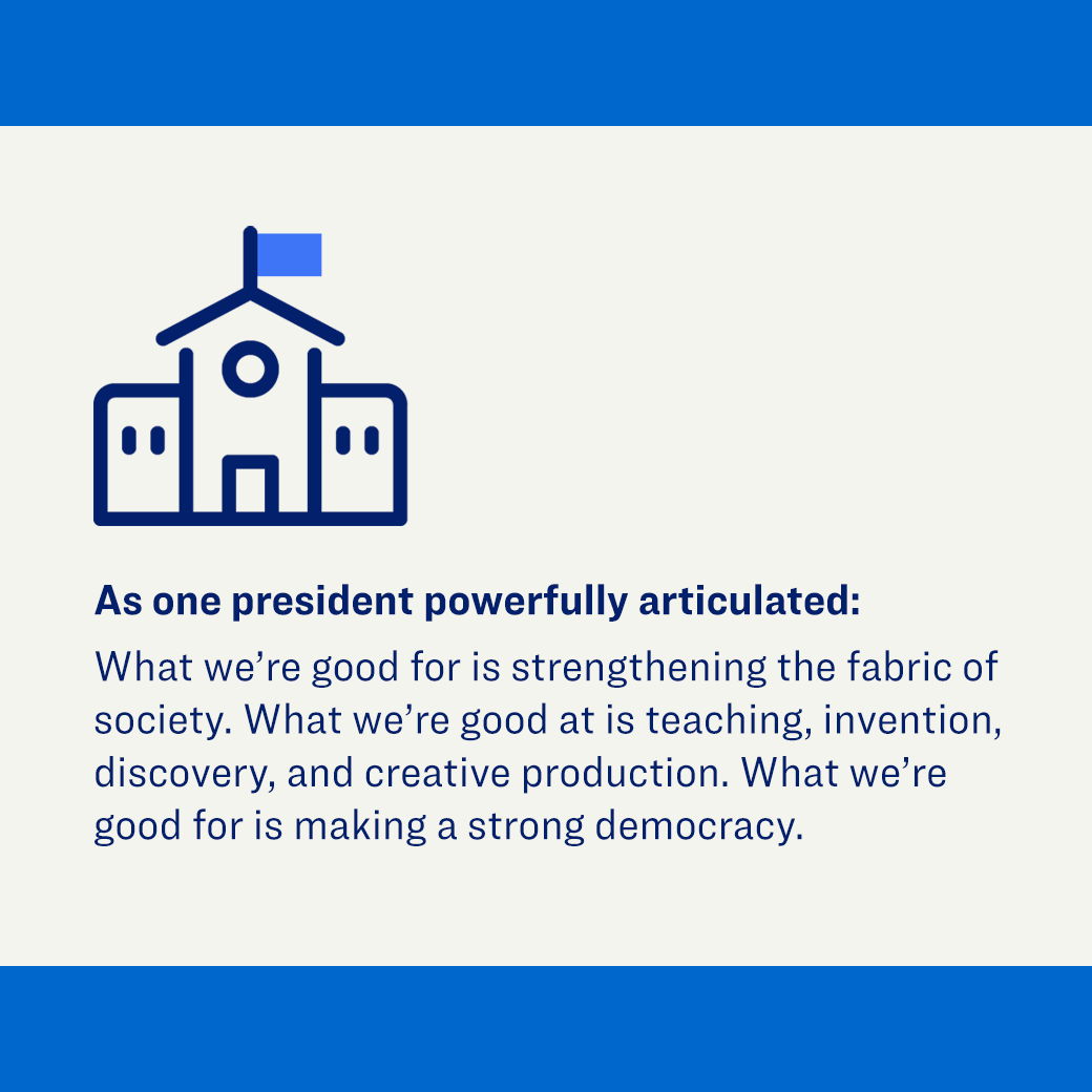 Blue educational icon with quote about strengthening democracy through teaching and discovery.