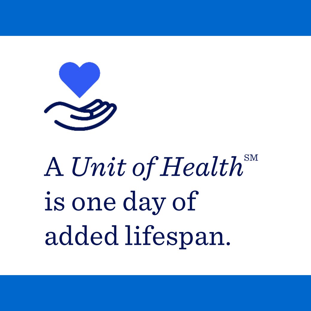 Blue heart above hand icon with text 'A Unit of Health is one day of added lifespan.