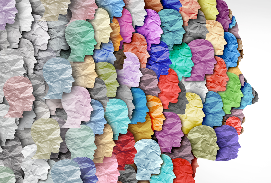 The image depicts a group of people in a modern, abstract setting representing the diverse population facing retirement challenges.