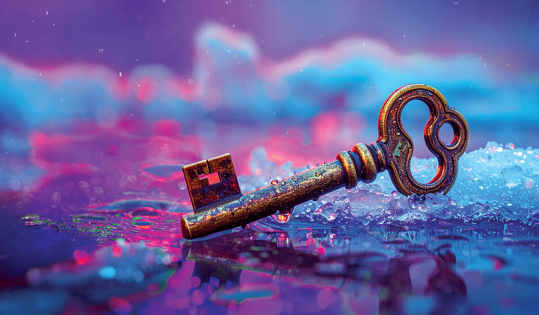 A key is shown resting in water and slush after its former home in ice melted.