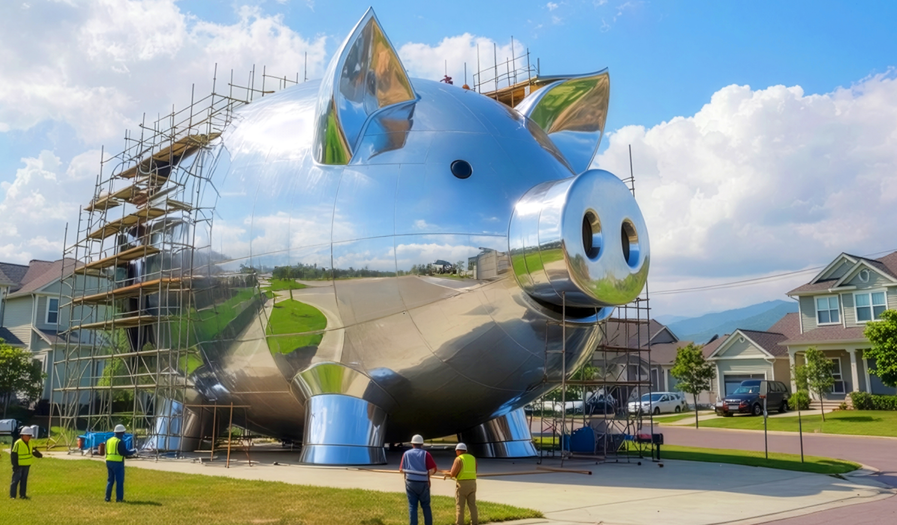 A massive, highly polished chrome or mirrored piggy bank sculpture, resembling a traditional savings piggy bank