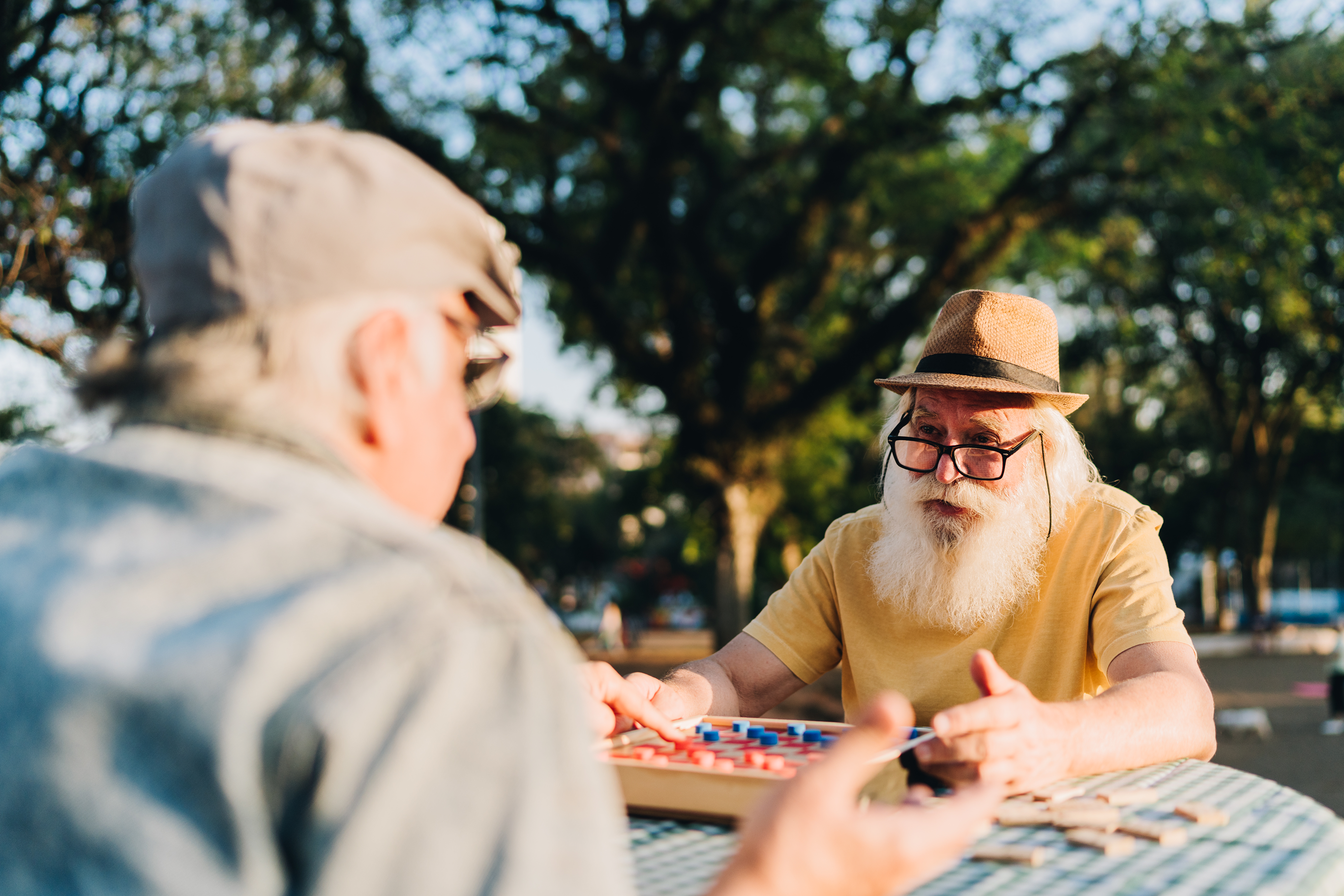 chess-players_asset50-50_3-2_10grid.png Two elderly men sit at an outdoor table playing a board game, with trees in the background.