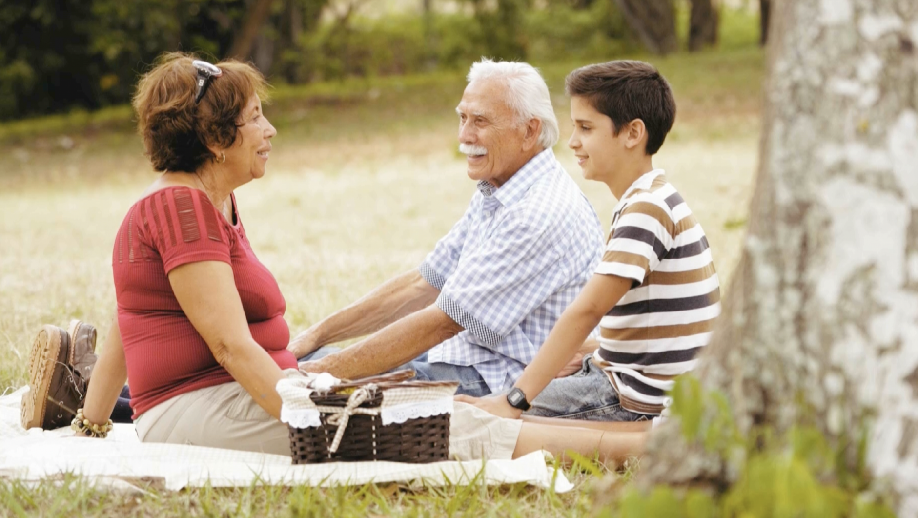Woman, man and boy having a picnic