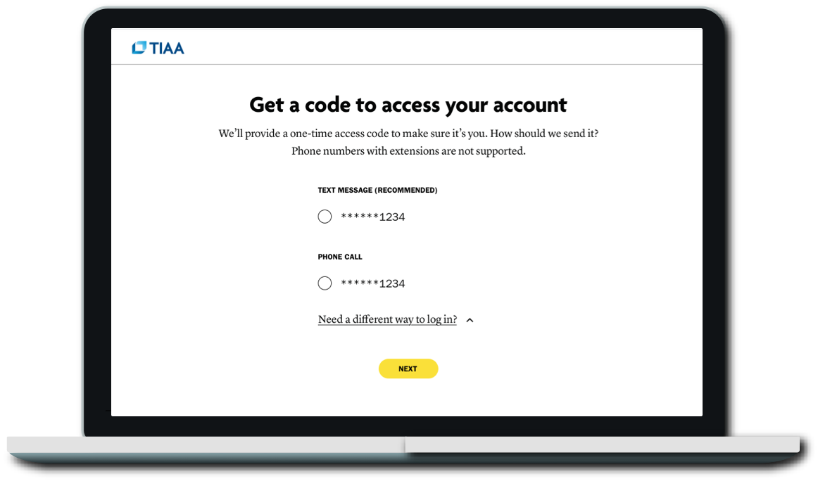 Laptop showing screen to get a code to access your account