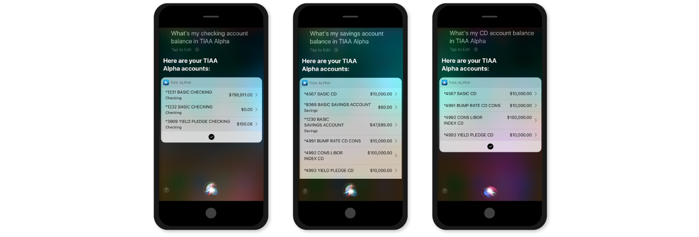 iPhones showing Siri responding to questions about TIAA retirement, bank and brokerage account balances