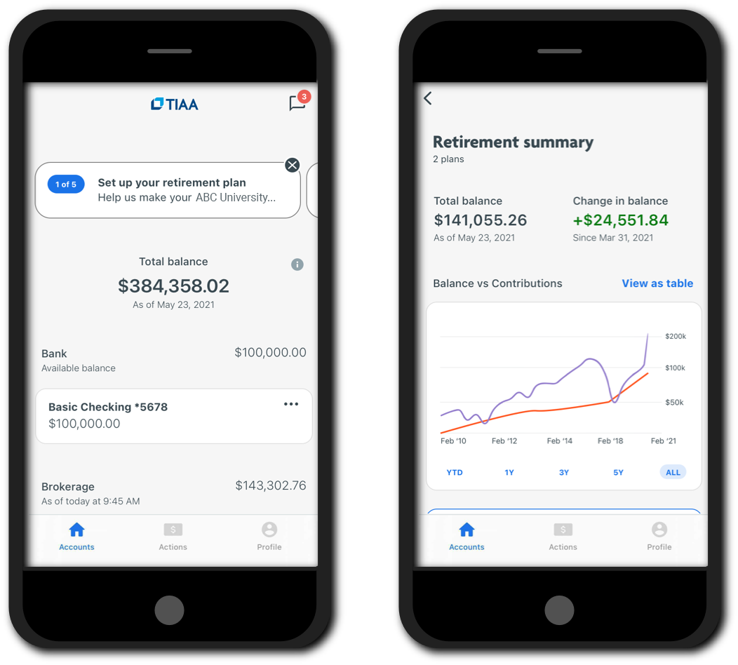 Mobile phones showing updated look to the TIAA mobile application